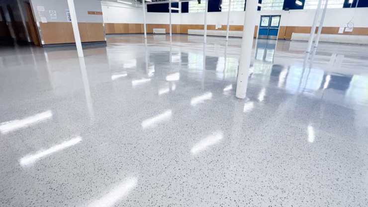 Photo of a simulated polished terrazzo resinous floor coating